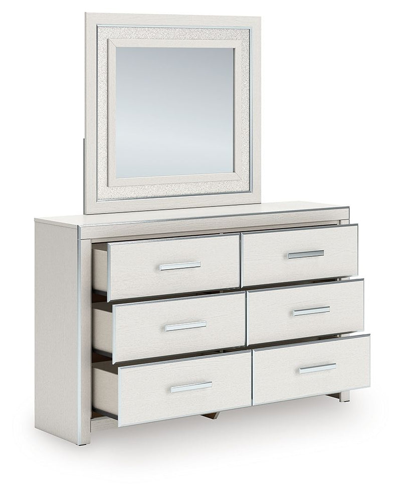 White dresser with six drawers and square framed mirror, open drawer view