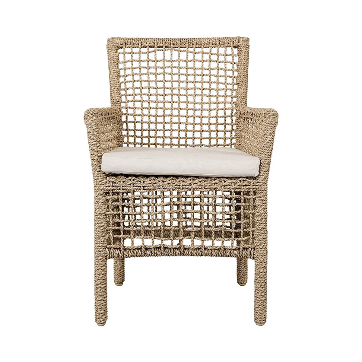 Natural woven outdoor dining chair with white seat cushion and open lattice front