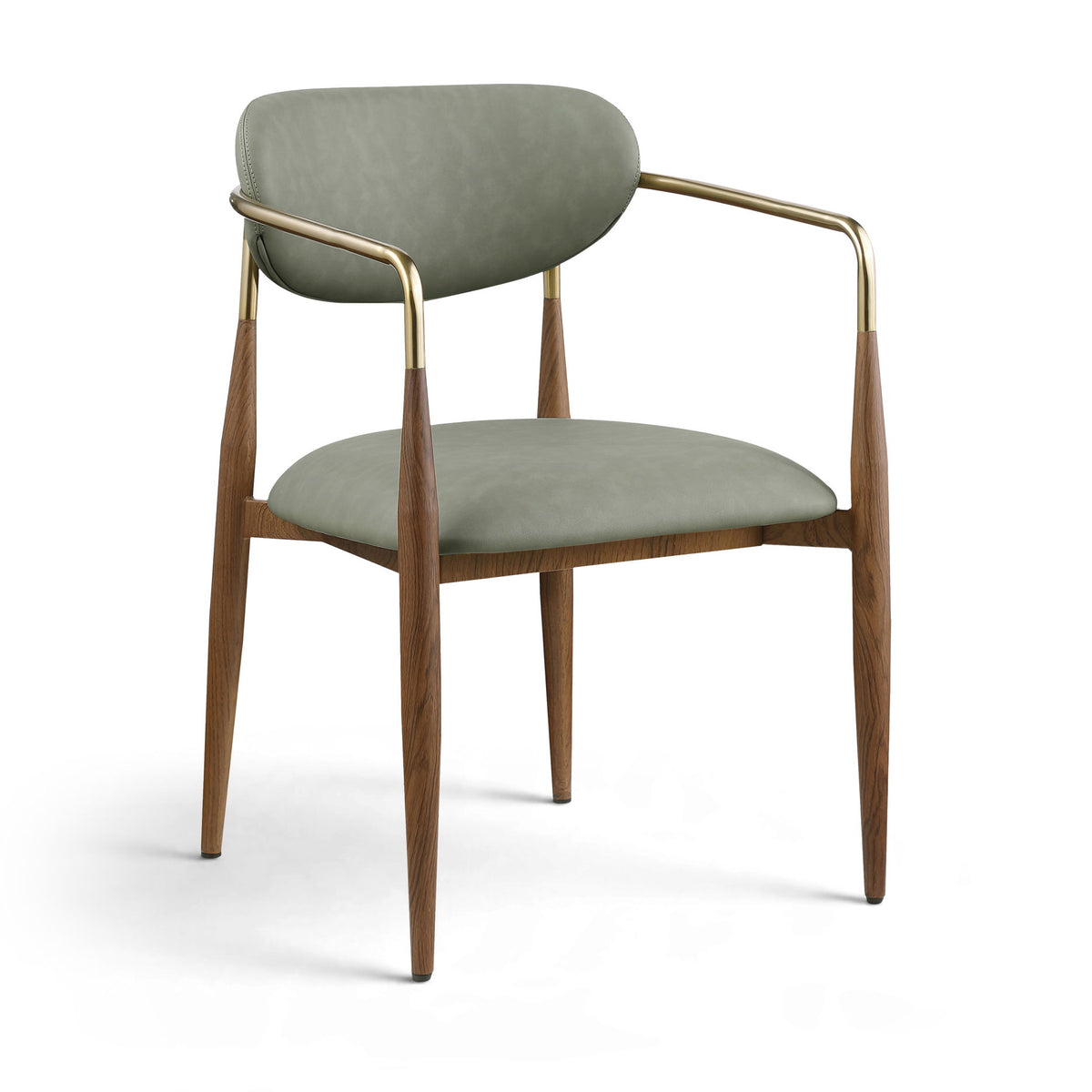 Green upholstered dining arm chair with gold accents and walnut legs
