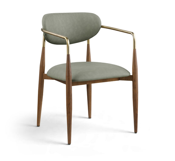 Green upholstered dining arm chair with gold accents and walnut legs