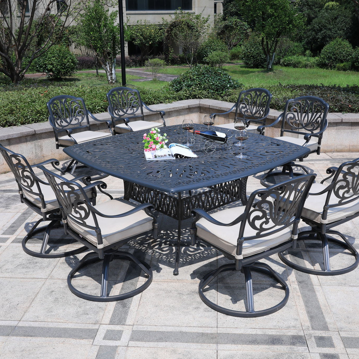 Square 8 Person 64" Long Aluminum Dining Set With Cushions