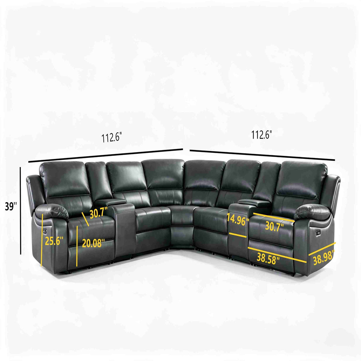 Power Reclining Sectional Sofa With 3 Adjustable Recliners, USB Ports & Cup Holders, Oversized Seating For Living Room - Black