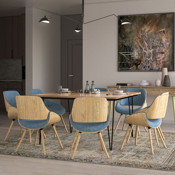 Set of bentwood dining chairs with light blue seats, wood backs, and tapered legs