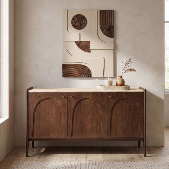 Dark brown marble top sideboard with three door fronts and arched carved panel detail
