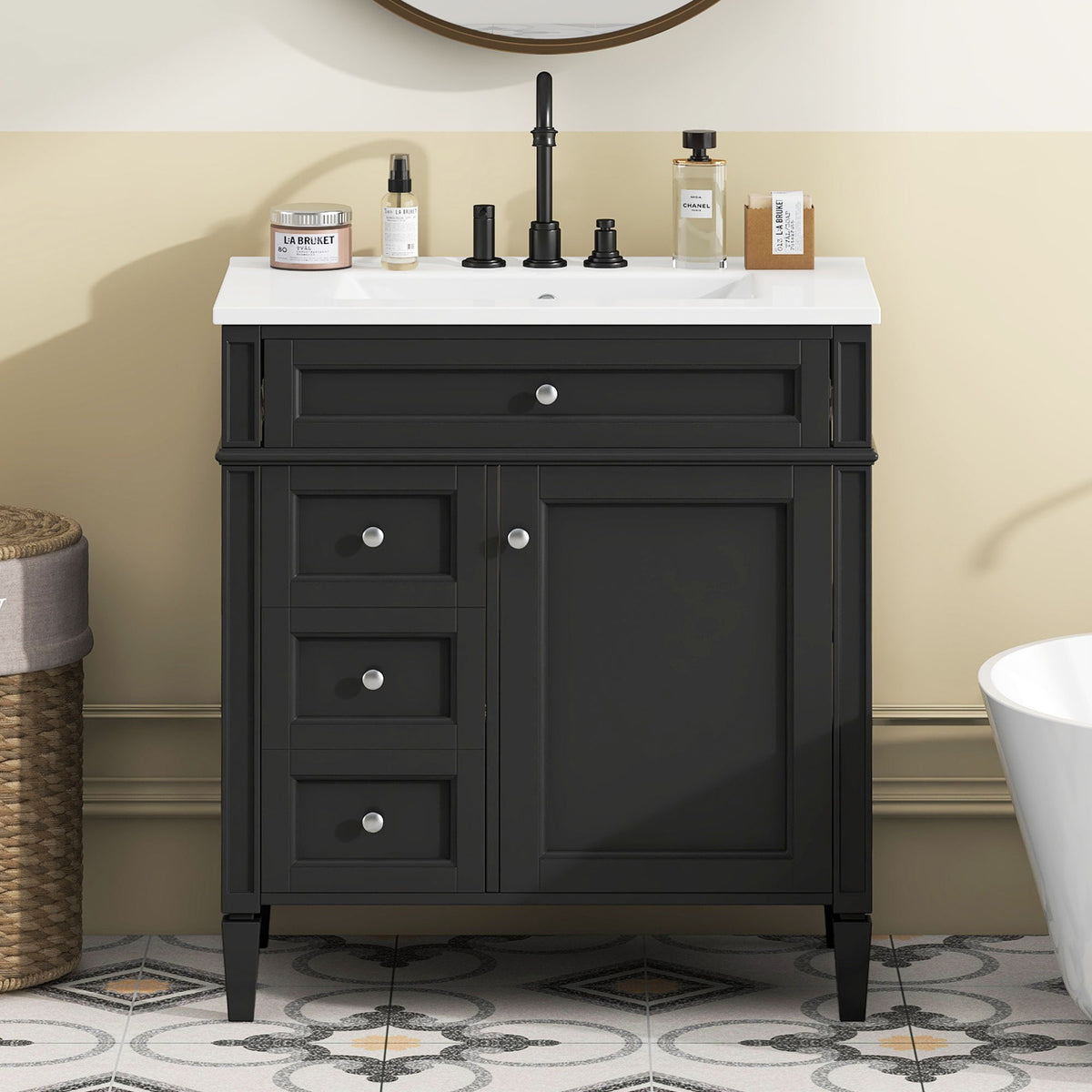 Bathroom Vanity With Top Sink, Storage Cabinet With 2 Drawers, Tip Out Drawer