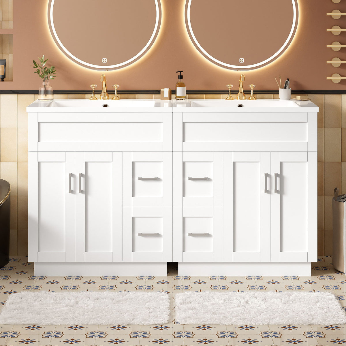 White bathroom vanity with double sinks, multiple doors and drawers, bar pulls.