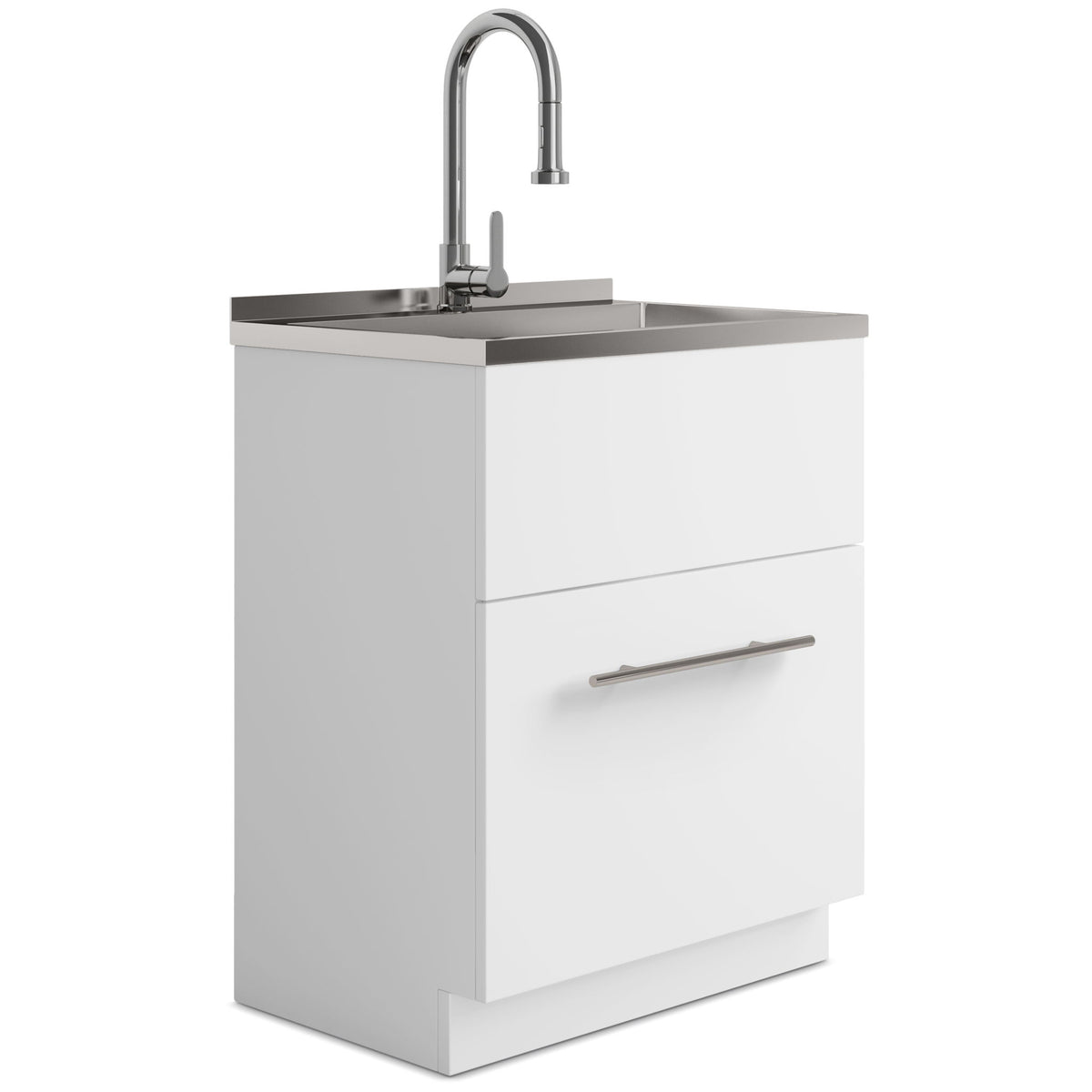White laundry cabinet sink with chrome faucet and stainless steel countertop basin