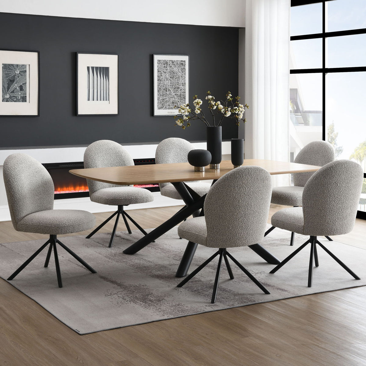Dining set: light wood table with gray fabric swivel chairs and black legs
