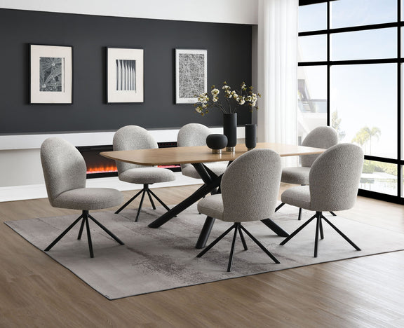 Dining set: light wood table with gray fabric swivel chairs and black legs