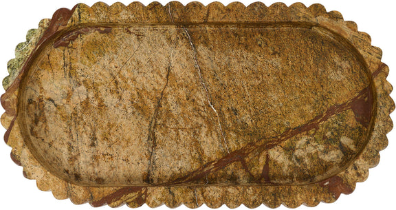 Light brown genuine marble tray with oval interior and scalloped ridged border