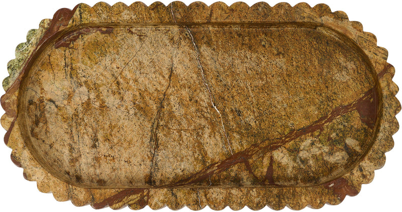 Light brown genuine marble tray with oval interior and scalloped ridged border