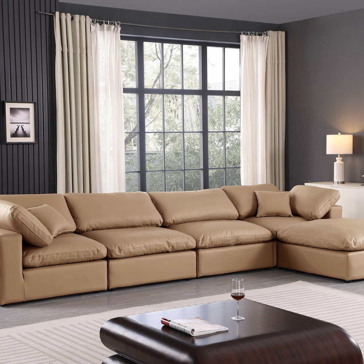 Comfy - 5 Piece Faux Leather Modular Sectional With Chaise - Tan