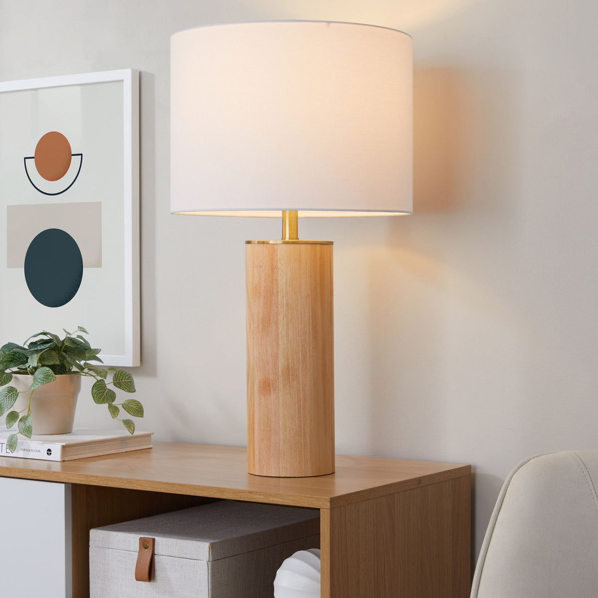 Cylinder - Ash Contemporary Table Lamp - Ash / Antique Brass / White