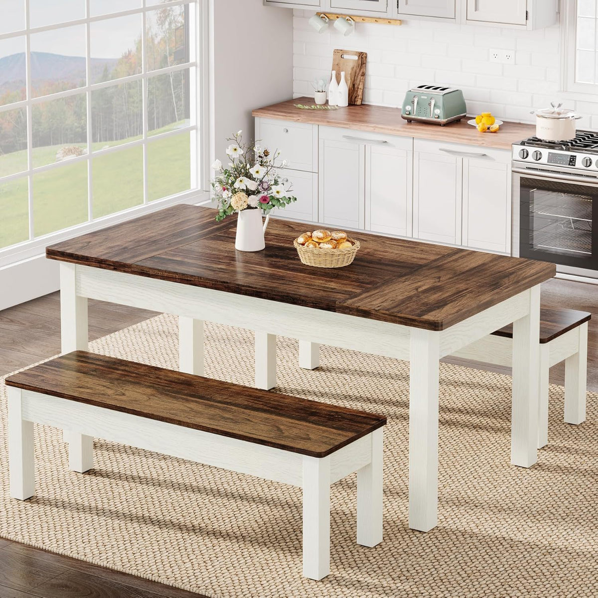 Dining Table Set For 4 - 6 With Tuck Under Benches - Brown / White