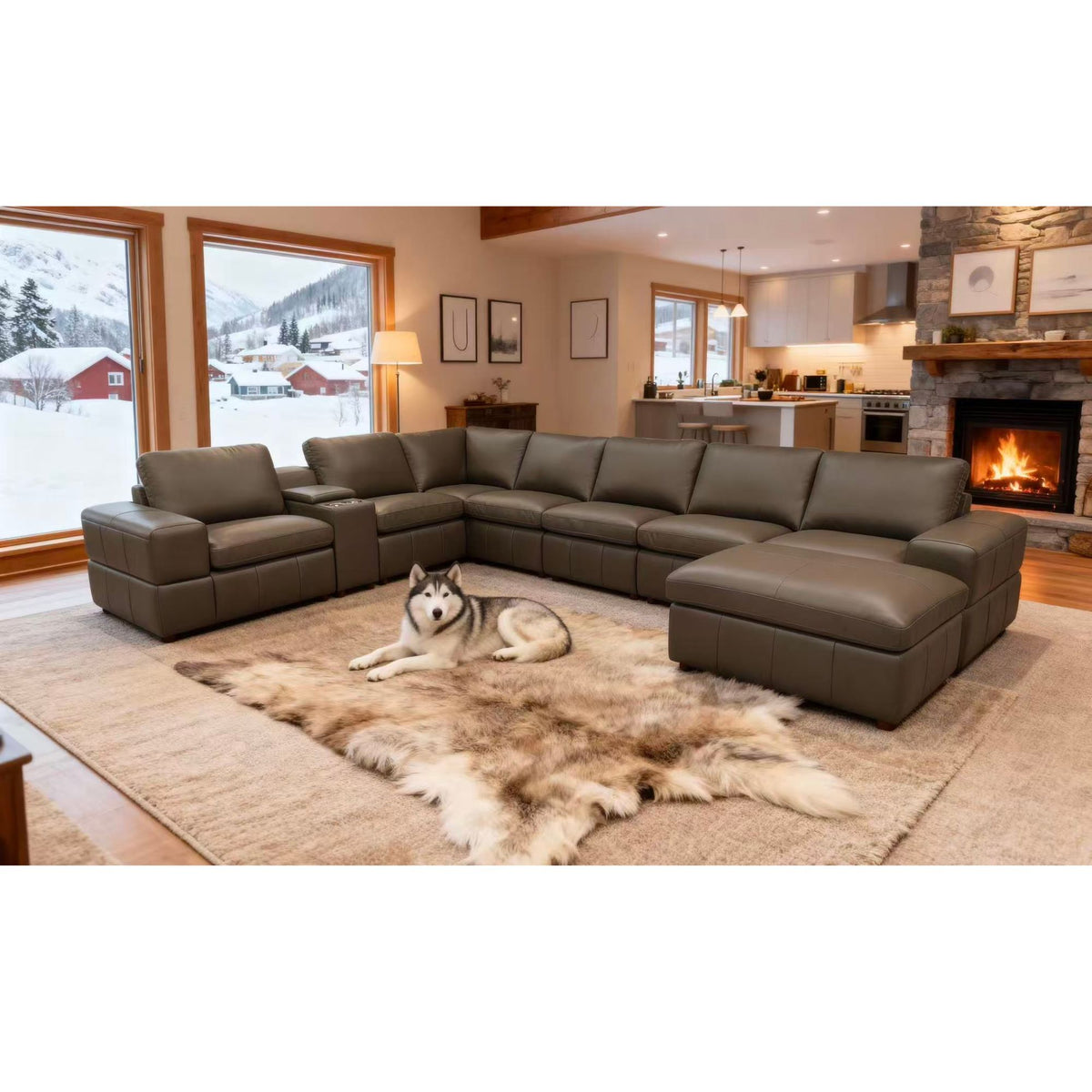 Dark green modular sectional sofa with large square arms and extended chaise ottoman