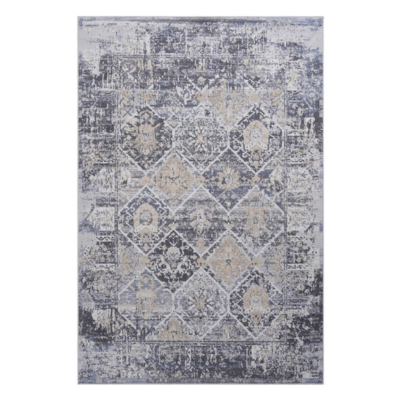 6' x 9' traditional area rug in gray and blue with diamond and medallion pattern
