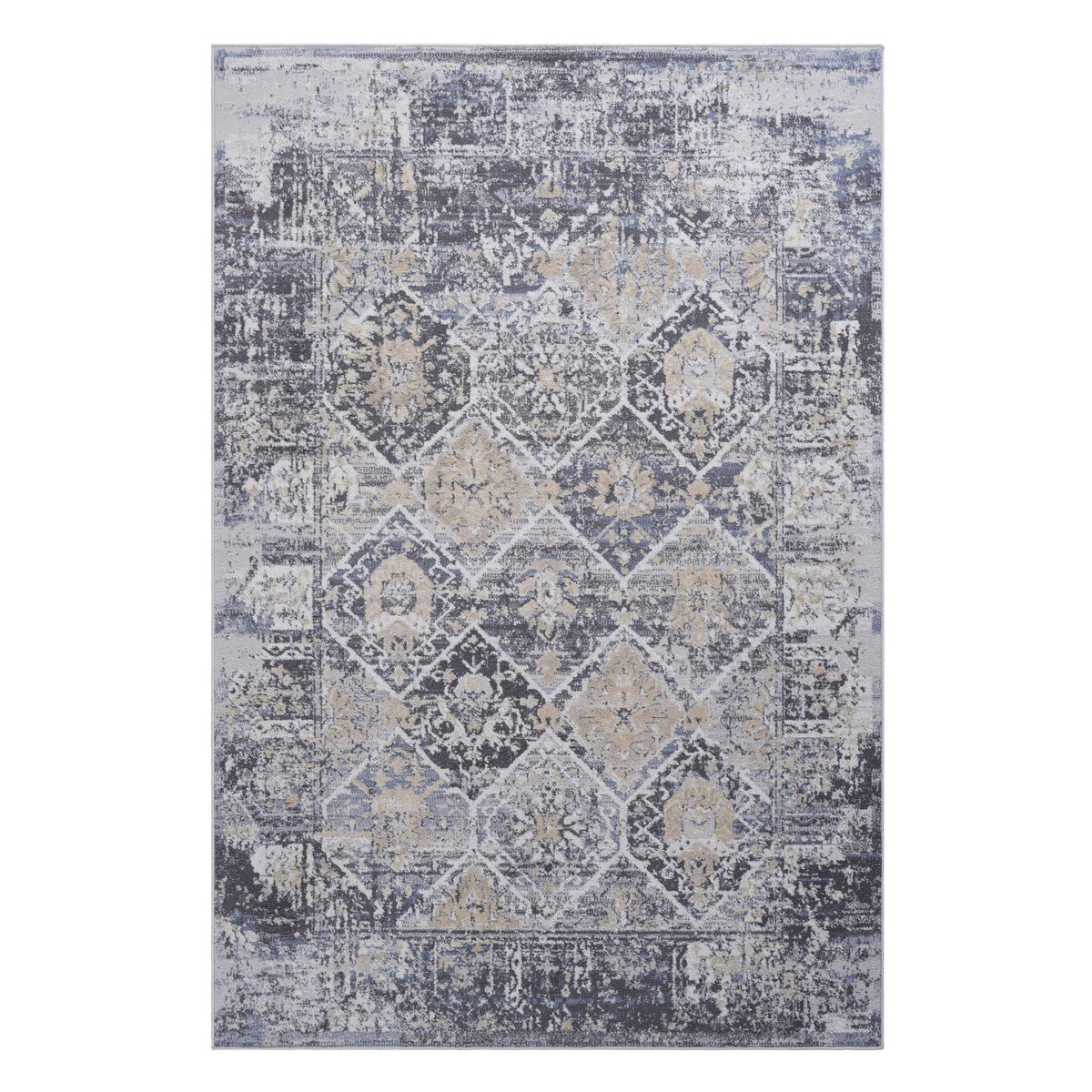 Gray and blue traditional area rug with distressed medallion and diamond patchwork pattern