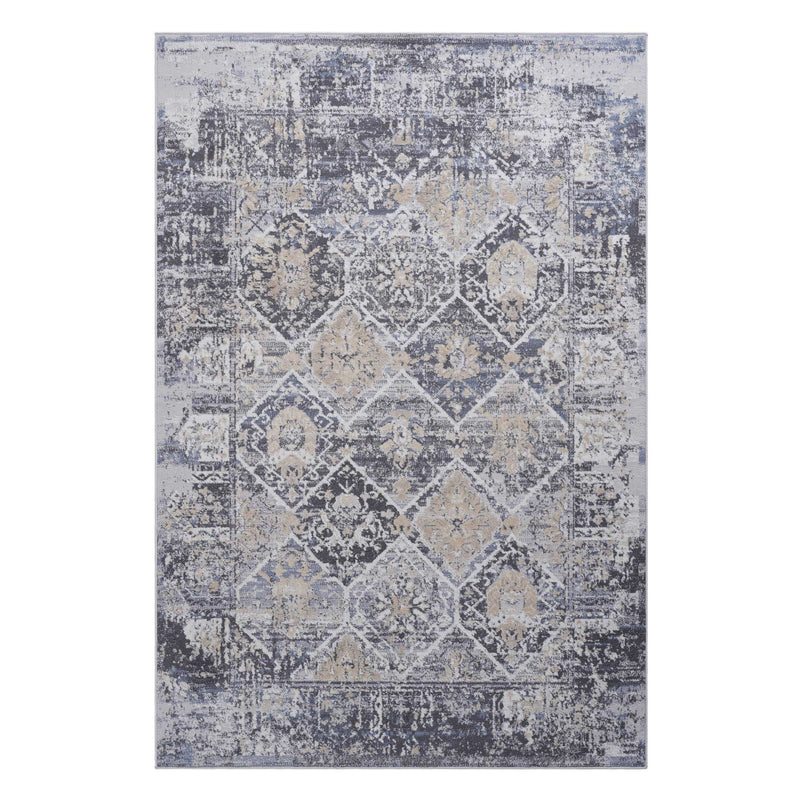Gray and blue traditional area rug with distressed medallion and diamond patchwork pattern