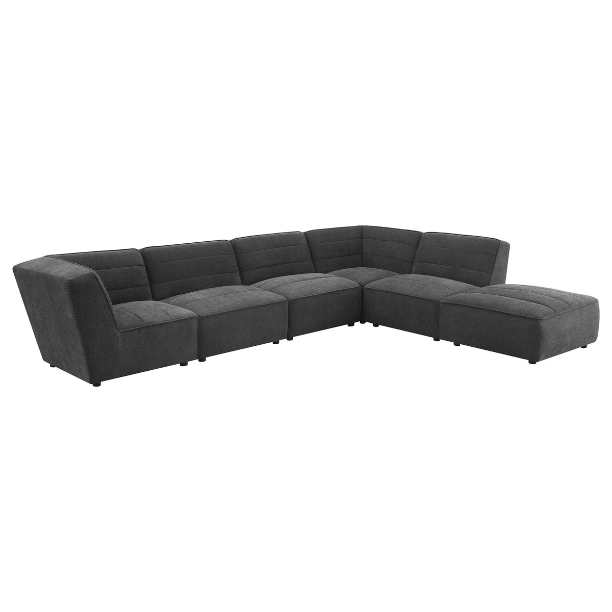 Charcoal modular sectional sofa with curved corner and chaise-style ottoman ends