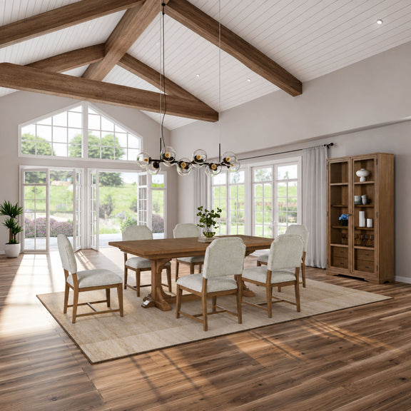 Almond tall display cabinet with glass doors and drawers, shown in dining room.