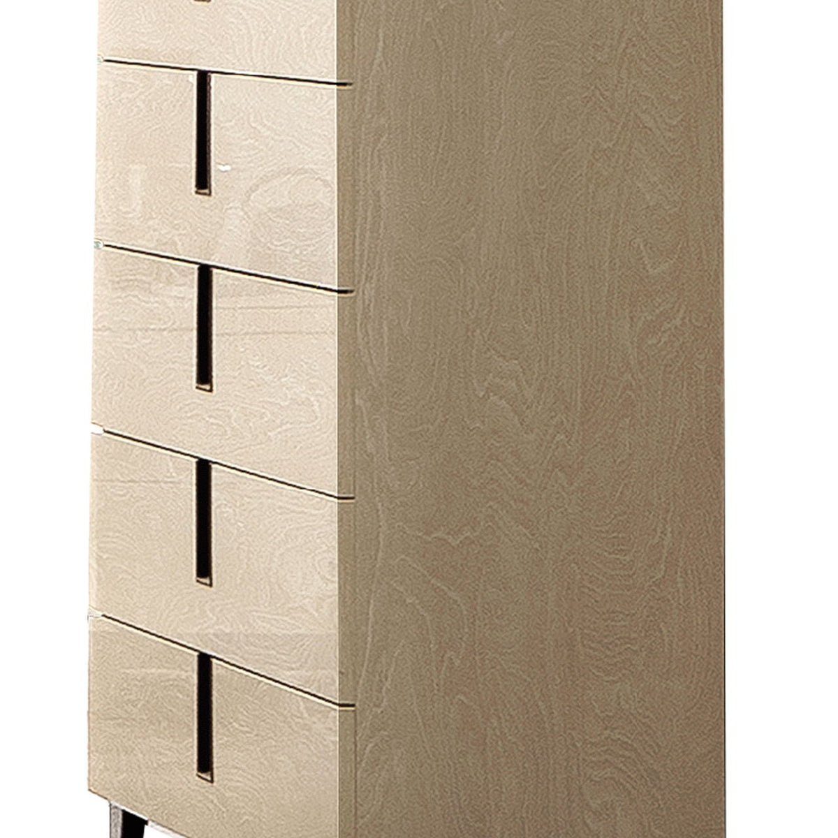 Beige 5-drawer chest with long bar handles and angled front legs