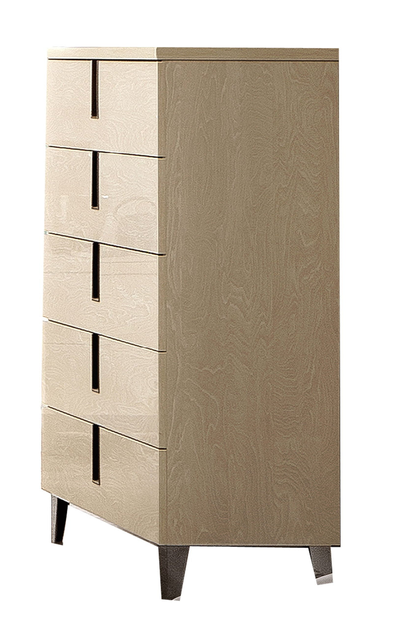 Beige 5-drawer chest with long bar handles and angled front legs