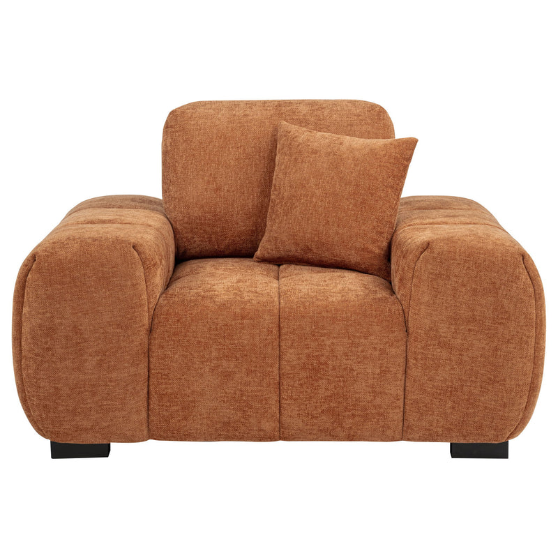 Light brown track arm accent chair with wide seat and rounded armrests
