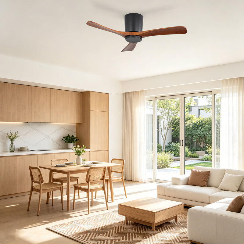 Ceiling fan with dark wood 3 blades and black flush-mounted motor