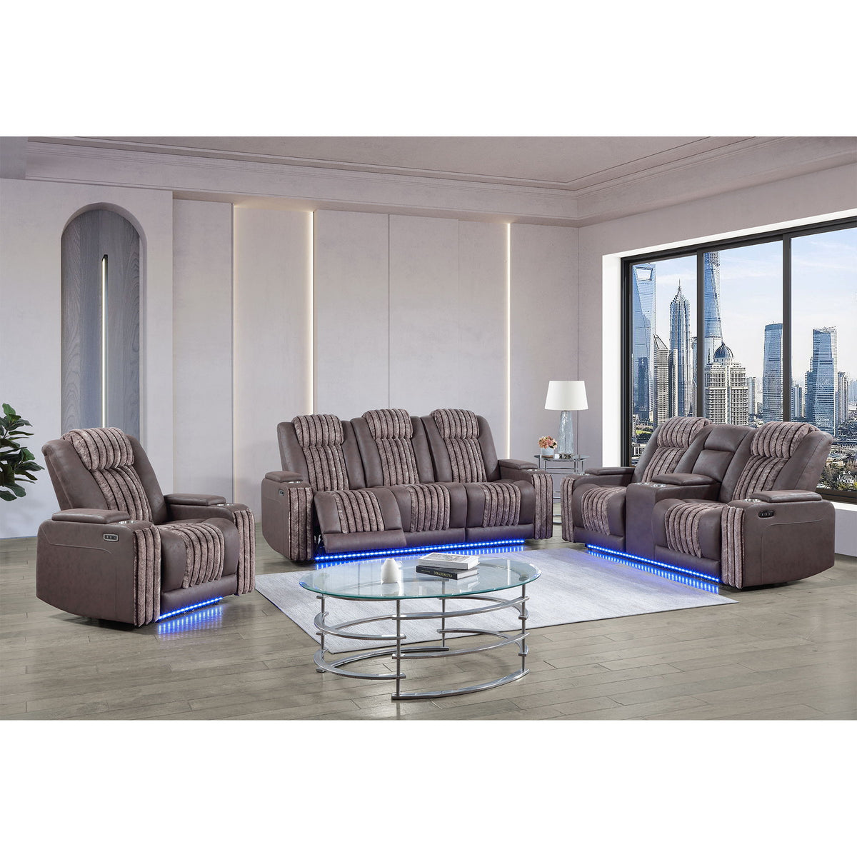 Gray power reclining sofa set with padded ribbed headrests and blue LED base lights