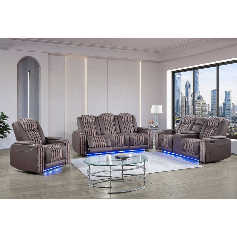 Gray power reclining sofa set with padded ribbed headrests and blue LED base lights