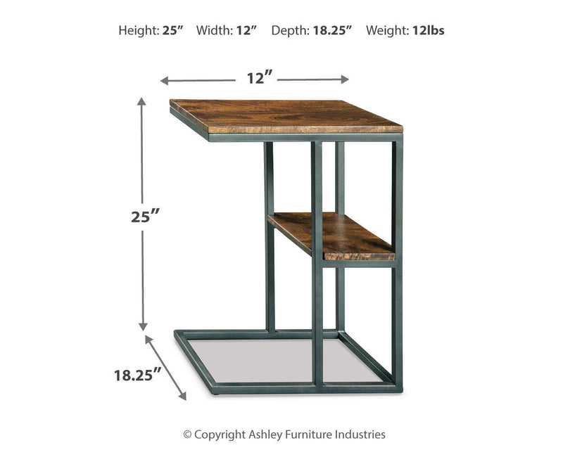 Compact accent table with wood top, lower shelf, metal frame; includes size diagram
