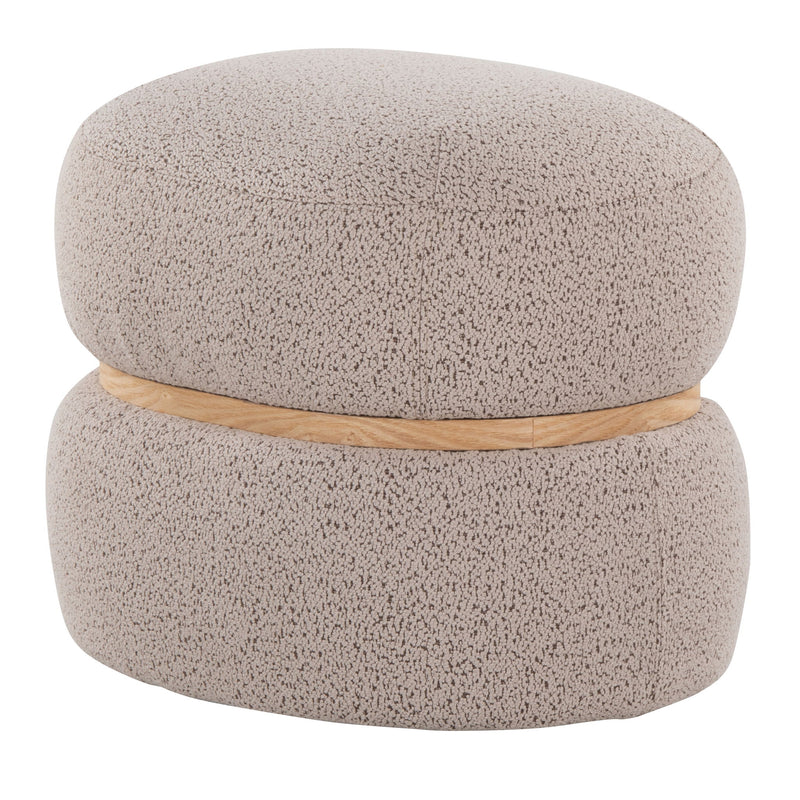 Light gray contemporary pouf ottoman featuring a wood ring between two cushions
