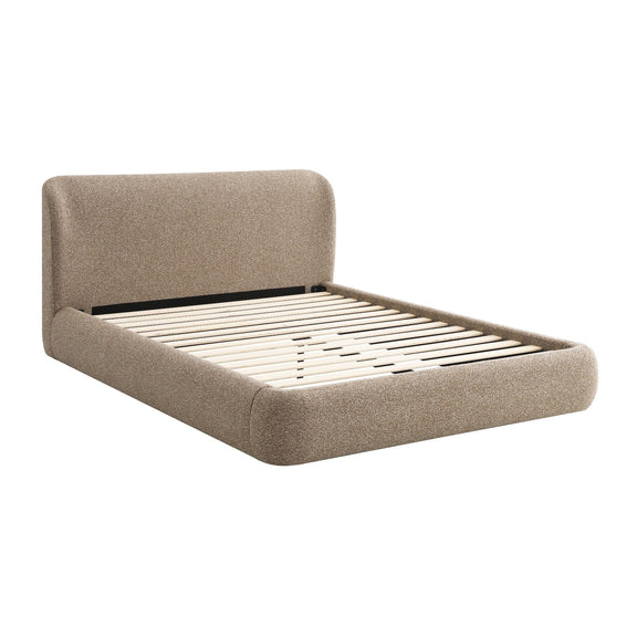 Erica bed in light brown upholstered fabric with tall padded headboard and slat base