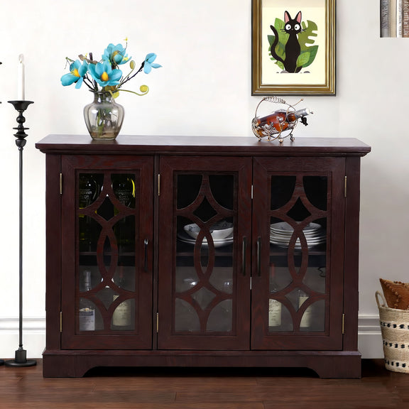 Ox blood red sideboard with three glass-panel doors and openwork diamond accents