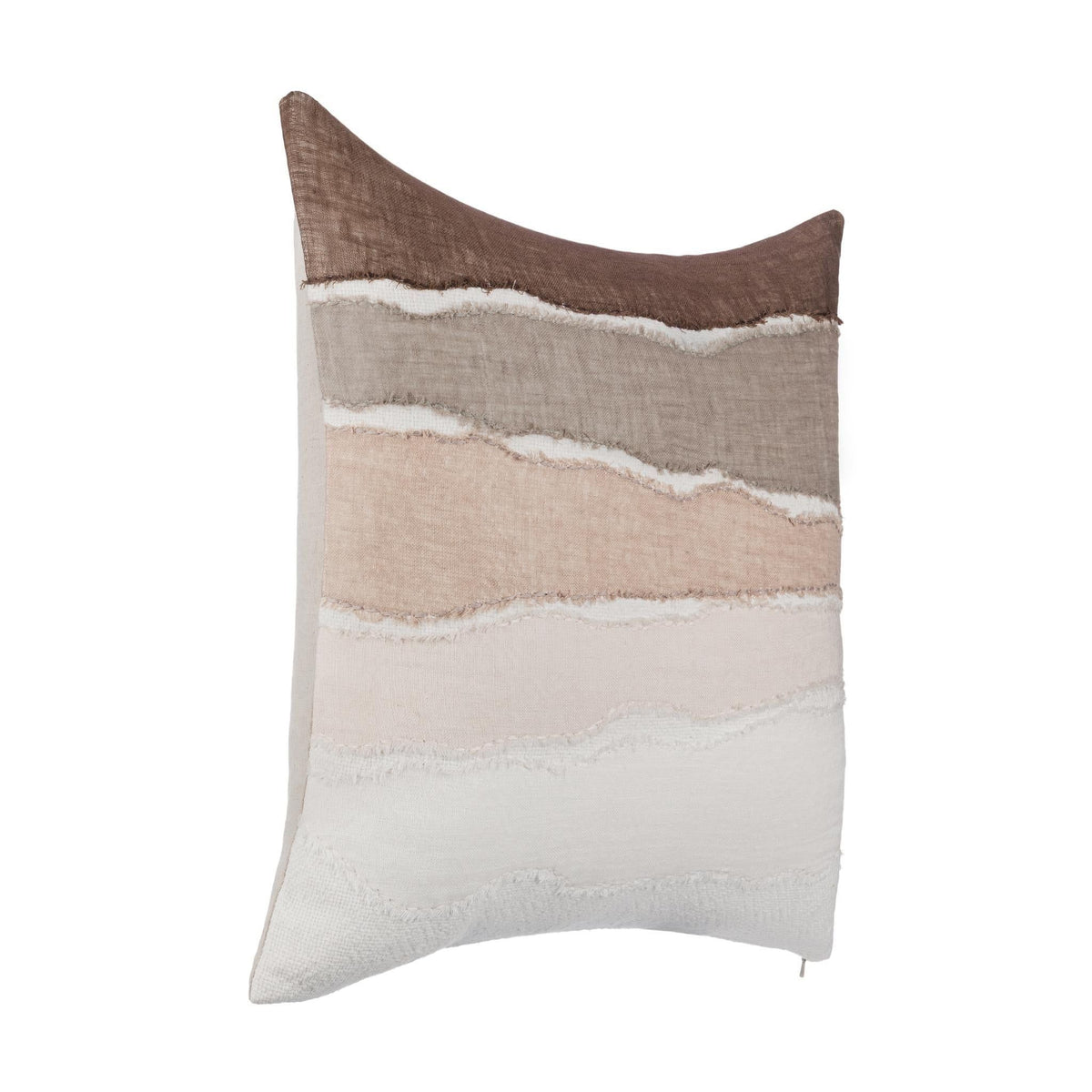 Linen-look throw pillow with mocha top and three wavy stripe bands in taupe and ivory