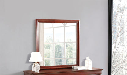Wall mirror with medium brown wooden frame and clear reflective glass