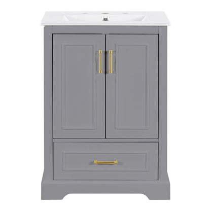 Gray bathroom vanity with white sink top, two panel doors and center drawer