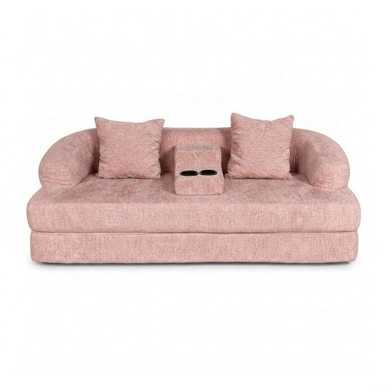 Pink convertible sleeper sofa bed with two armrests and two cup holders