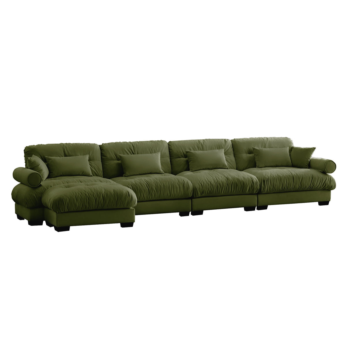 Modern Sectional Sofa With Ottoman, Round Bolster Armrests, Waist And Throw Pillows