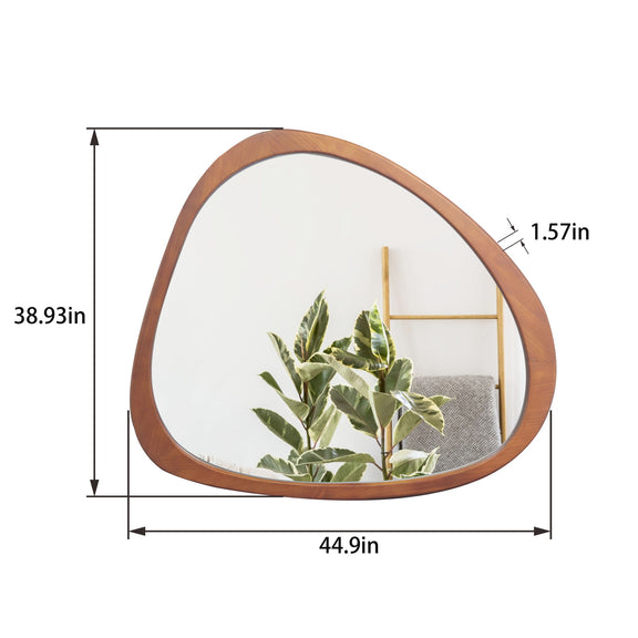 Large asymmetrical wall mirror with natural wood frame, teardrop shape