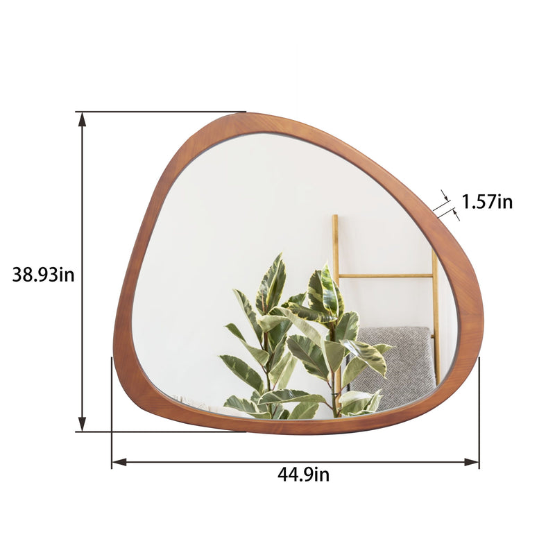 Large asymmetrical wall mirror with natural wood frame, teardrop shape