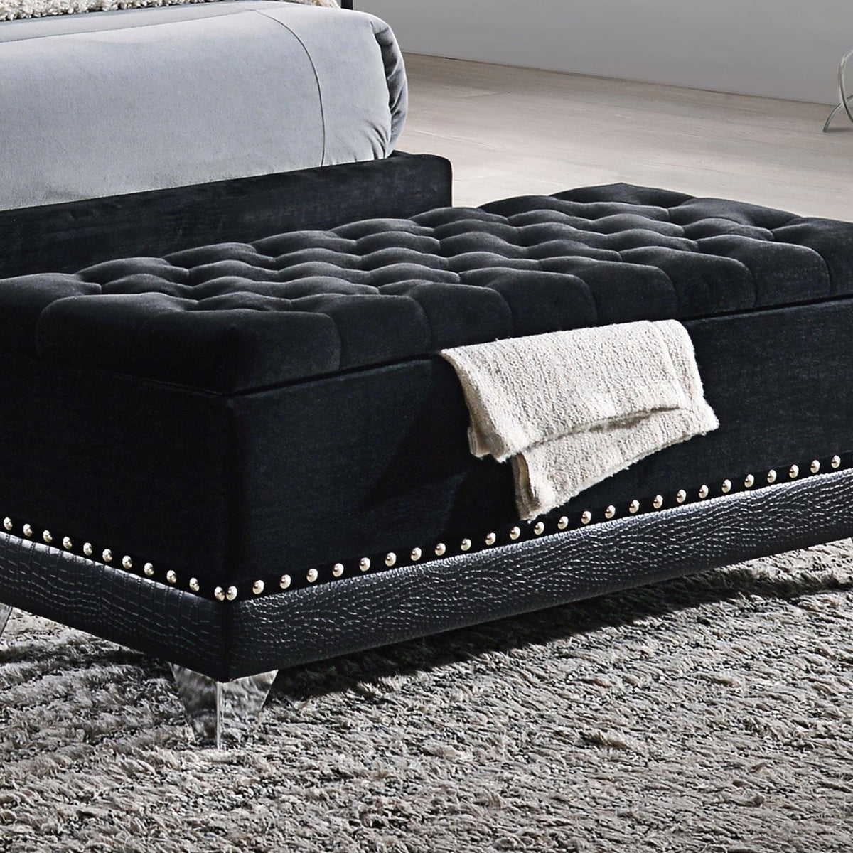 Barzini Velvet Upholstered Tufted Storage Bench Black