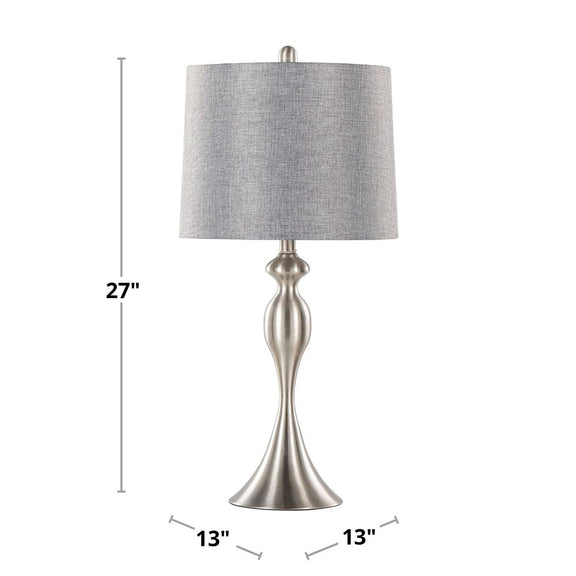 Contemporary table lamp with gray fabric shade, silver-toned base, and size markings