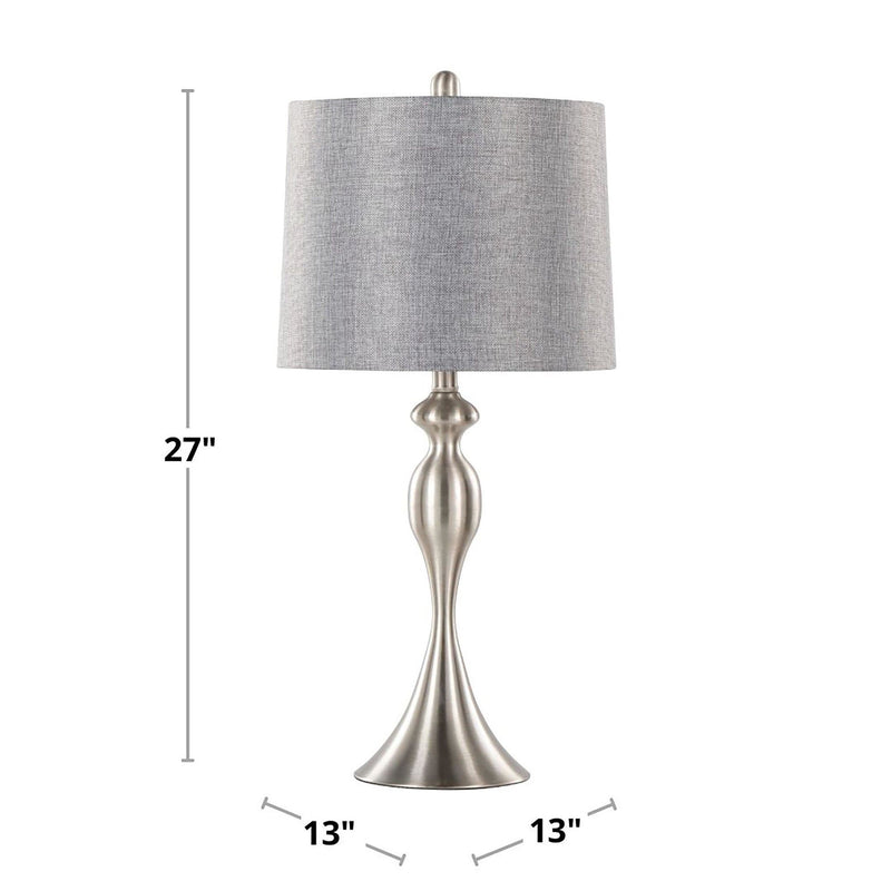 Contemporary table lamp with gray fabric shade, silver-toned base, and size markings