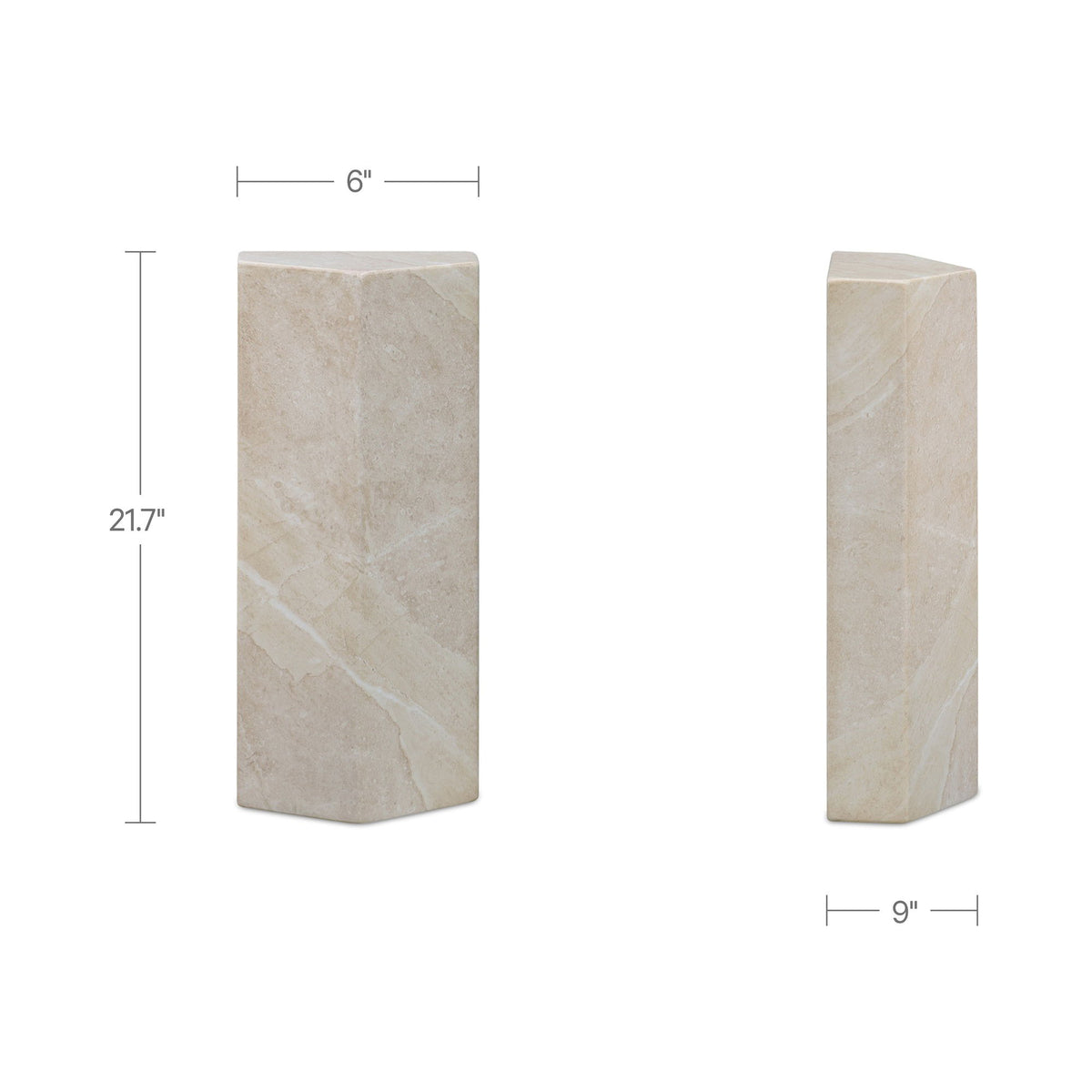 Cream stone side table, tall rectangular shape with light veining and smooth top