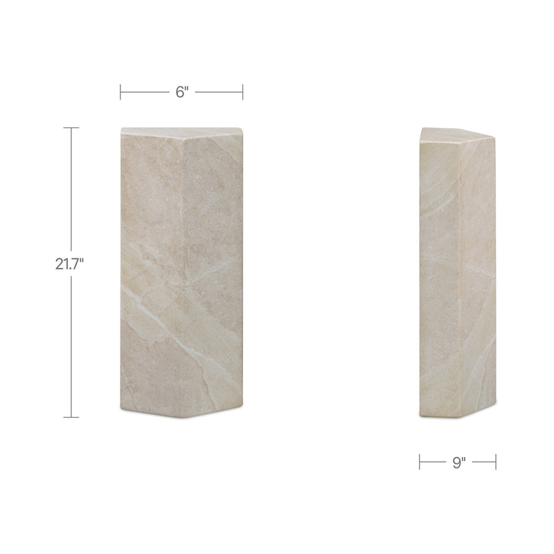Cream stone side table, tall rectangular shape with light veining and smooth top