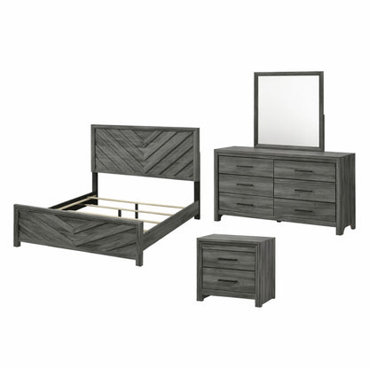 Dark gray bedroom set with bed, dresser, mirror, and matching nightstand