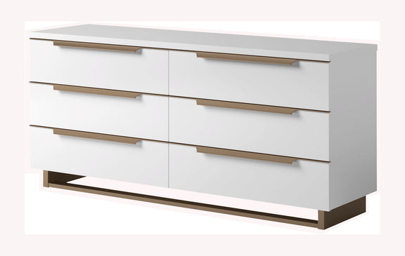 White double dresser with six drawers and horizontal bar pulls, dark base