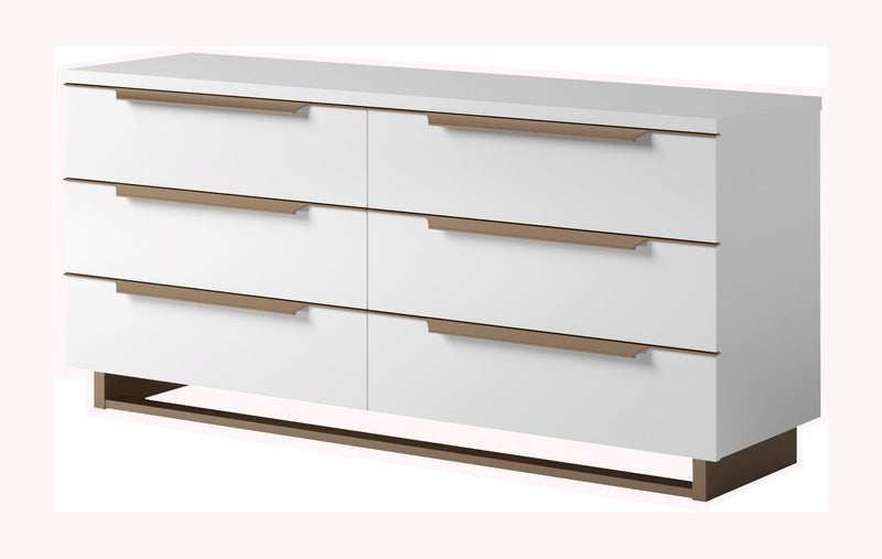 White double dresser with six drawers and horizontal bar pulls, dark base
