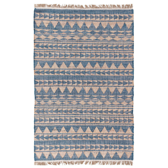 Distressed blue and natural geometric rug with patterned rows and frayed fringe edges.